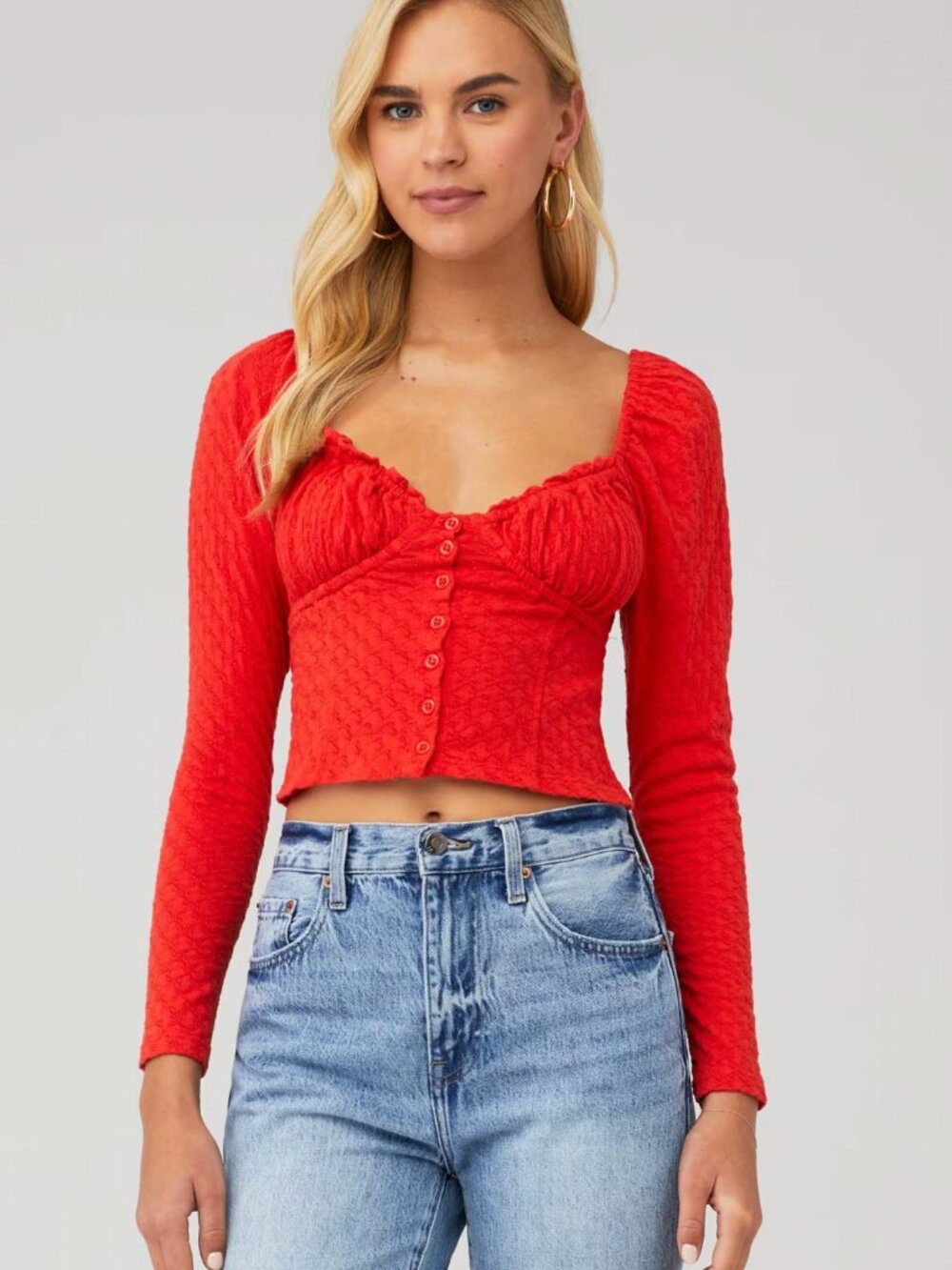 Free People Crop Top Women's XS Red Sweetheart Textured Coquette Romantic Boho